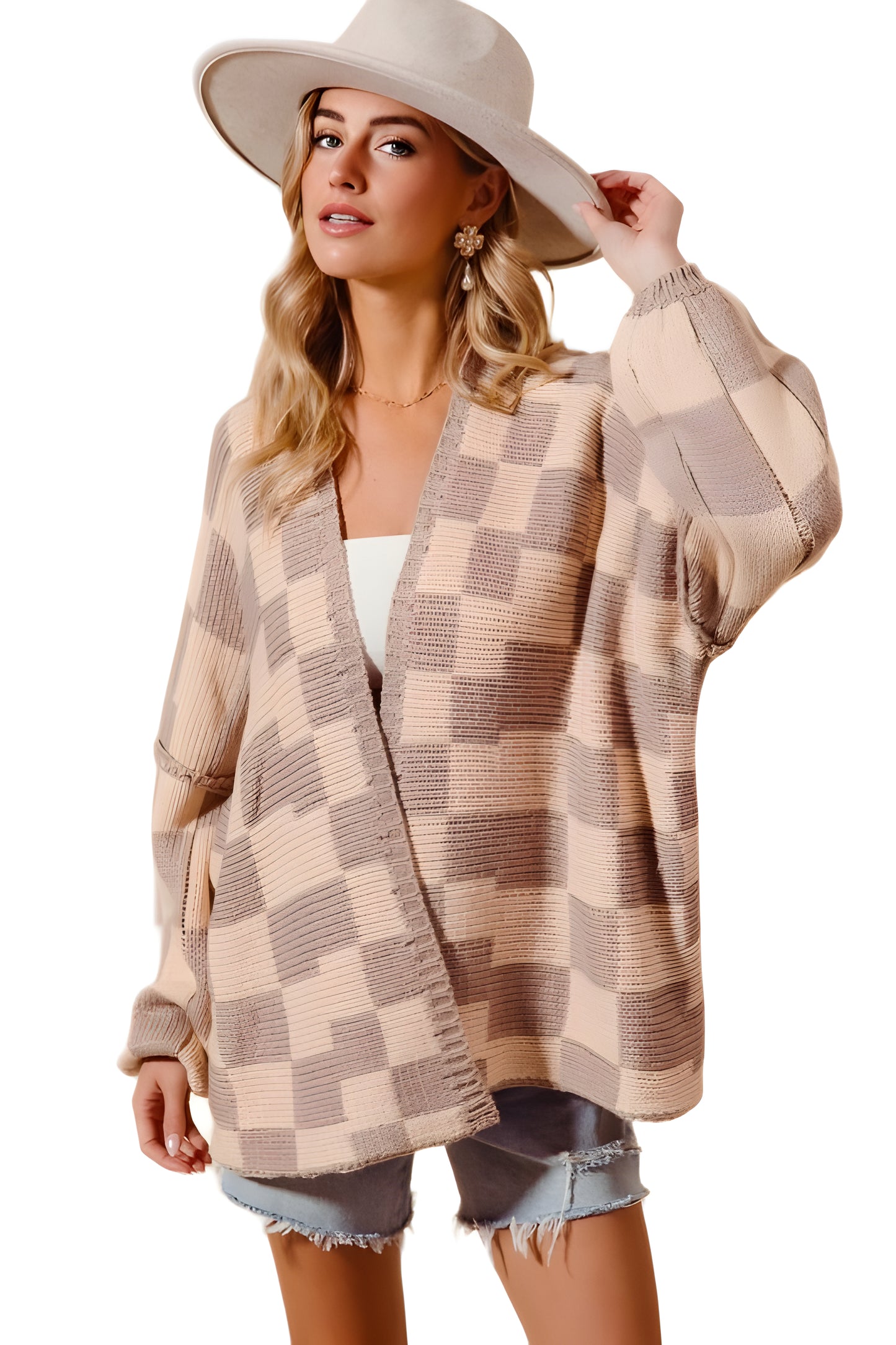 Open Front Cardigan With Neutral Checkerboard Knit