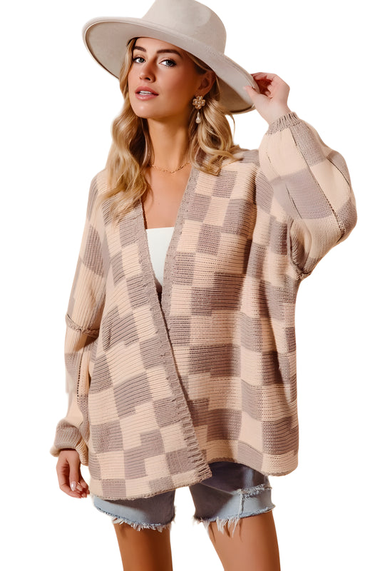Open Front Cardigan With Neutral Checkerboard Knit