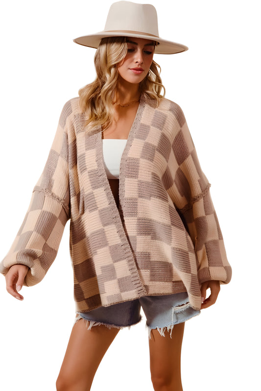 Open Front Cardigan With Neutral Checkerboard Knit