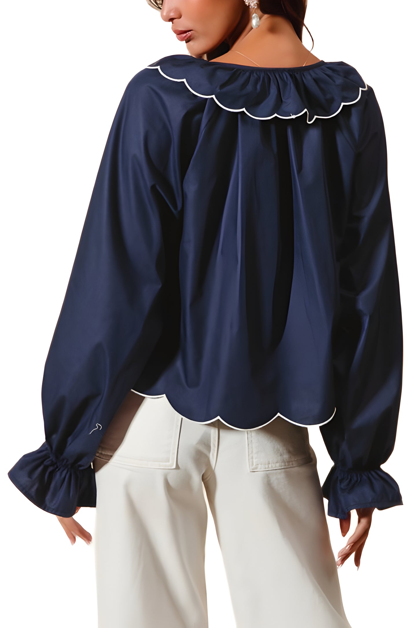 Scallop Trim Blouse With Ruffled Collar And Tie Neck