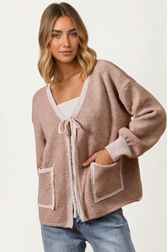 Tie Front Pocket Cardigan with Relaxed Open Front