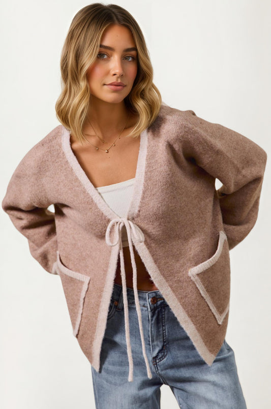 Tie Front Pocket Cardigan with Relaxed Open Front