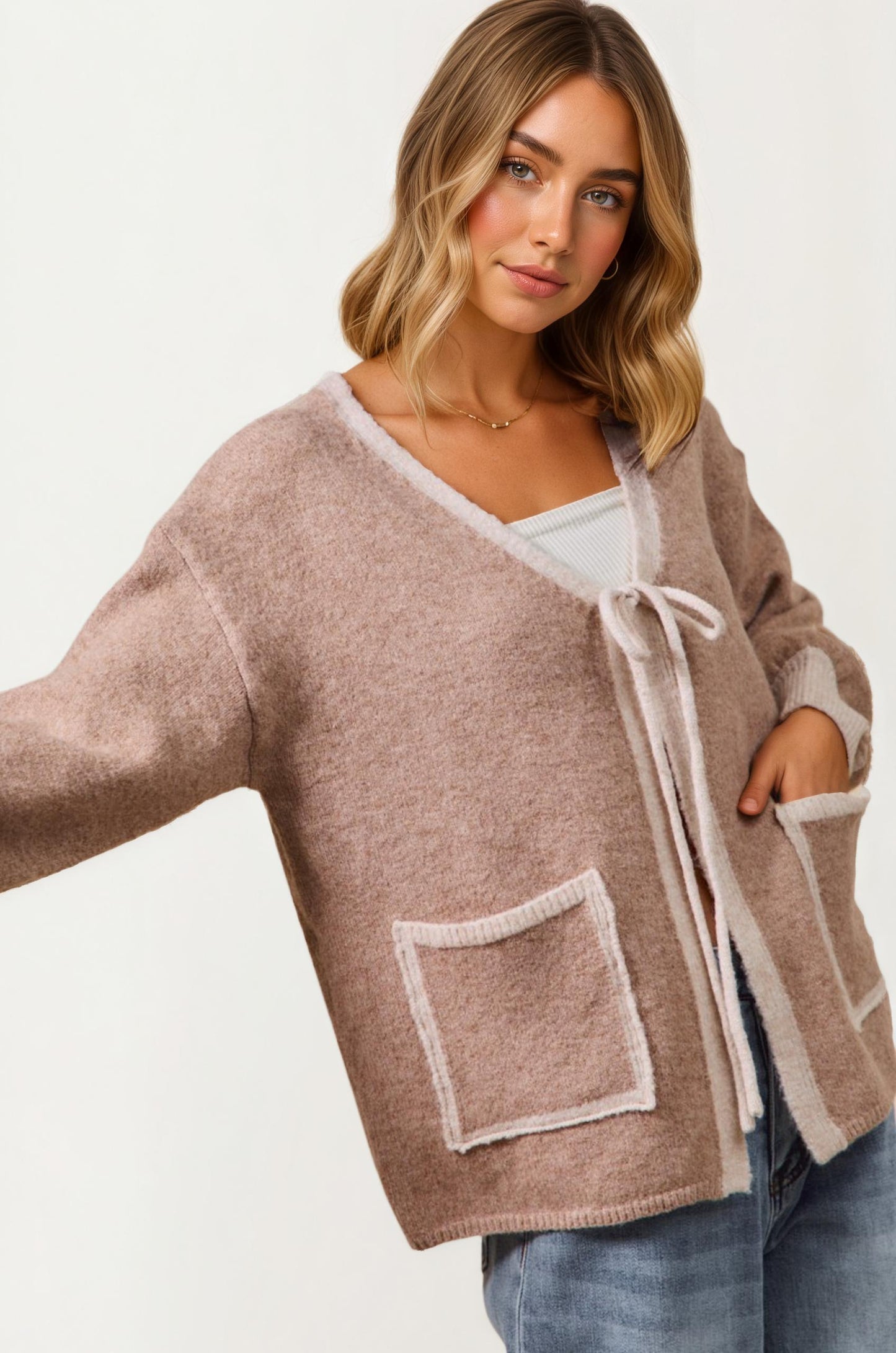Tie Front Pocket Cardigan with Relaxed Open Front