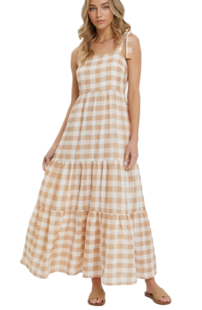 Gingham Tiered Maxi Dress with Tie Straps in Beige and White