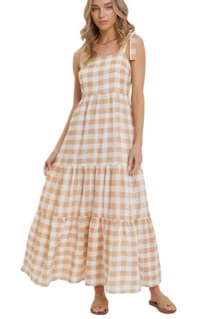 Gingham Tiered Maxi Dress with Tie Straps in Beige and White