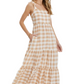 Gingham Tiered Maxi Dress with Tie Straps in Beige and White