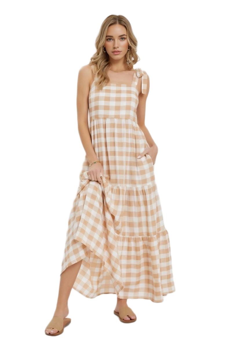 Gingham Tiered Maxi Dress with Tie Straps in Beige and White