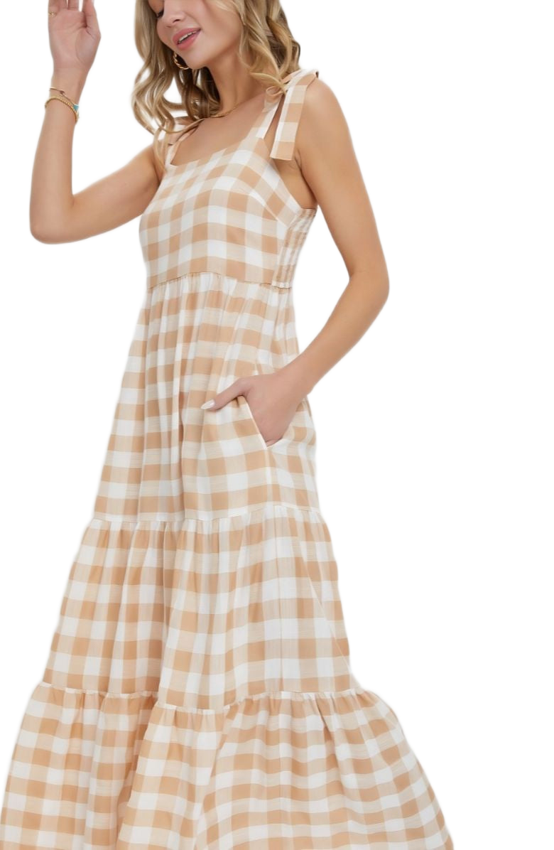 Gingham Tiered Maxi Dress with Tie Straps in Beige and White