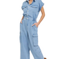 Utility Pocket Button-Down Jumpsuit in Washed Blue