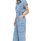 Utility Pocket Button-Down Jumpsuit in Washed Blue