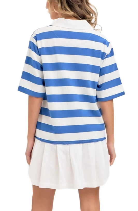 Blue & White Stripe Polo Dress with Contrast Hem