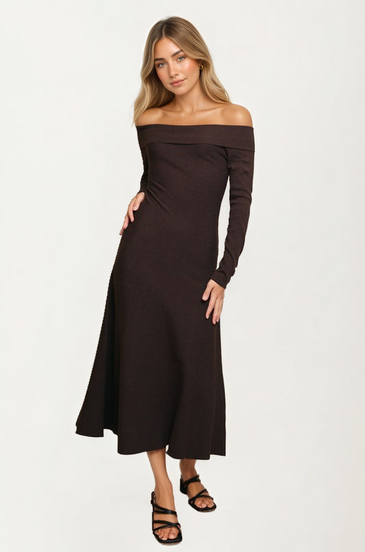 Off-Shoulder Long Sleeve Knit Midi Dress