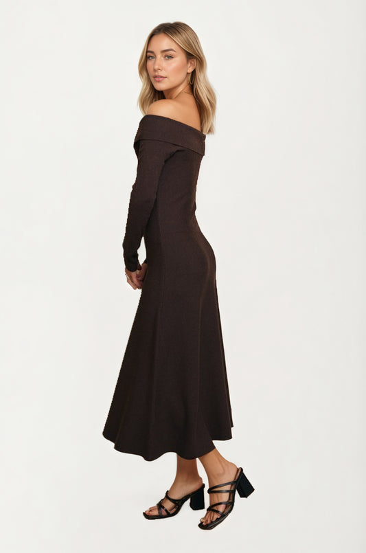 Off-Shoulder Long Sleeve Knit Midi Dress