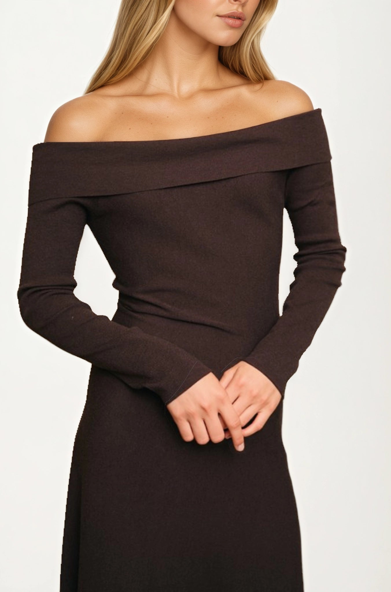 Off-Shoulder Long Sleeve Knit Midi Dress