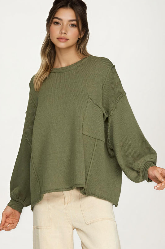Oversized Knit Pullover Sweater with Balloon Sleeves