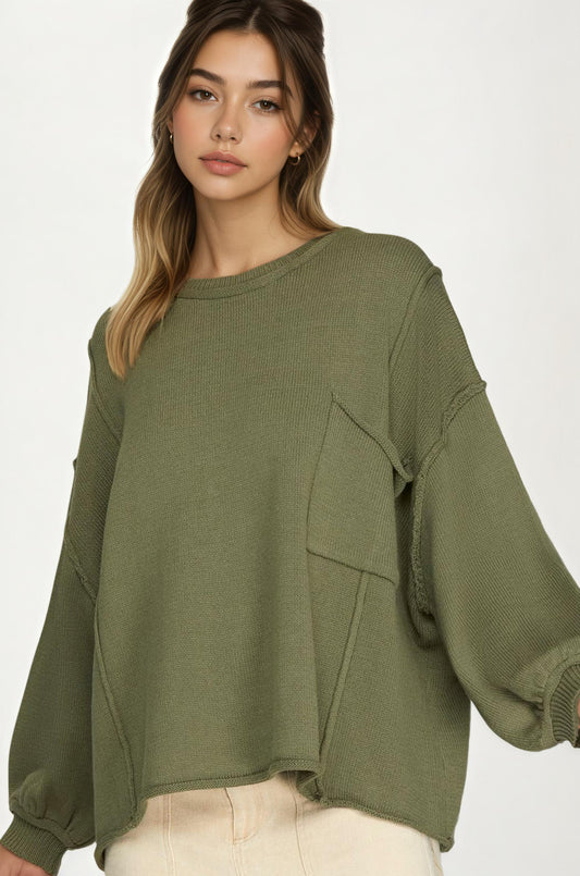 Oversized Knit Pullover Sweater with Balloon Sleeves