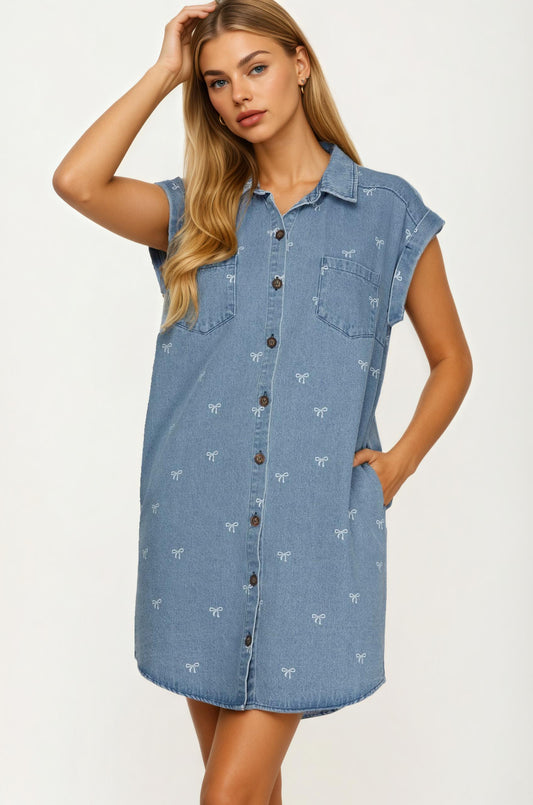 Embroidered Denim Shirt Dress with Button Front