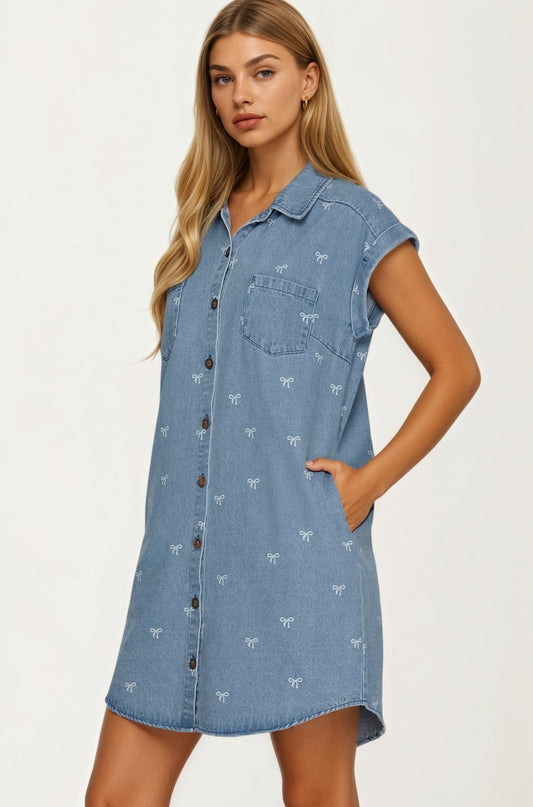 Embroidered Denim Shirt Dress with Button Front
