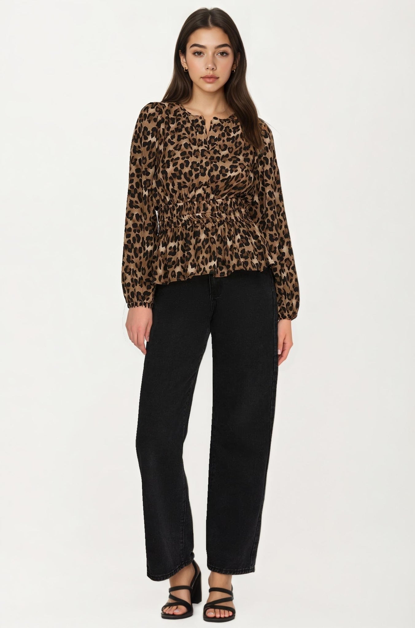 Leopard Print Smocked Waist Long Sleeve Blouse