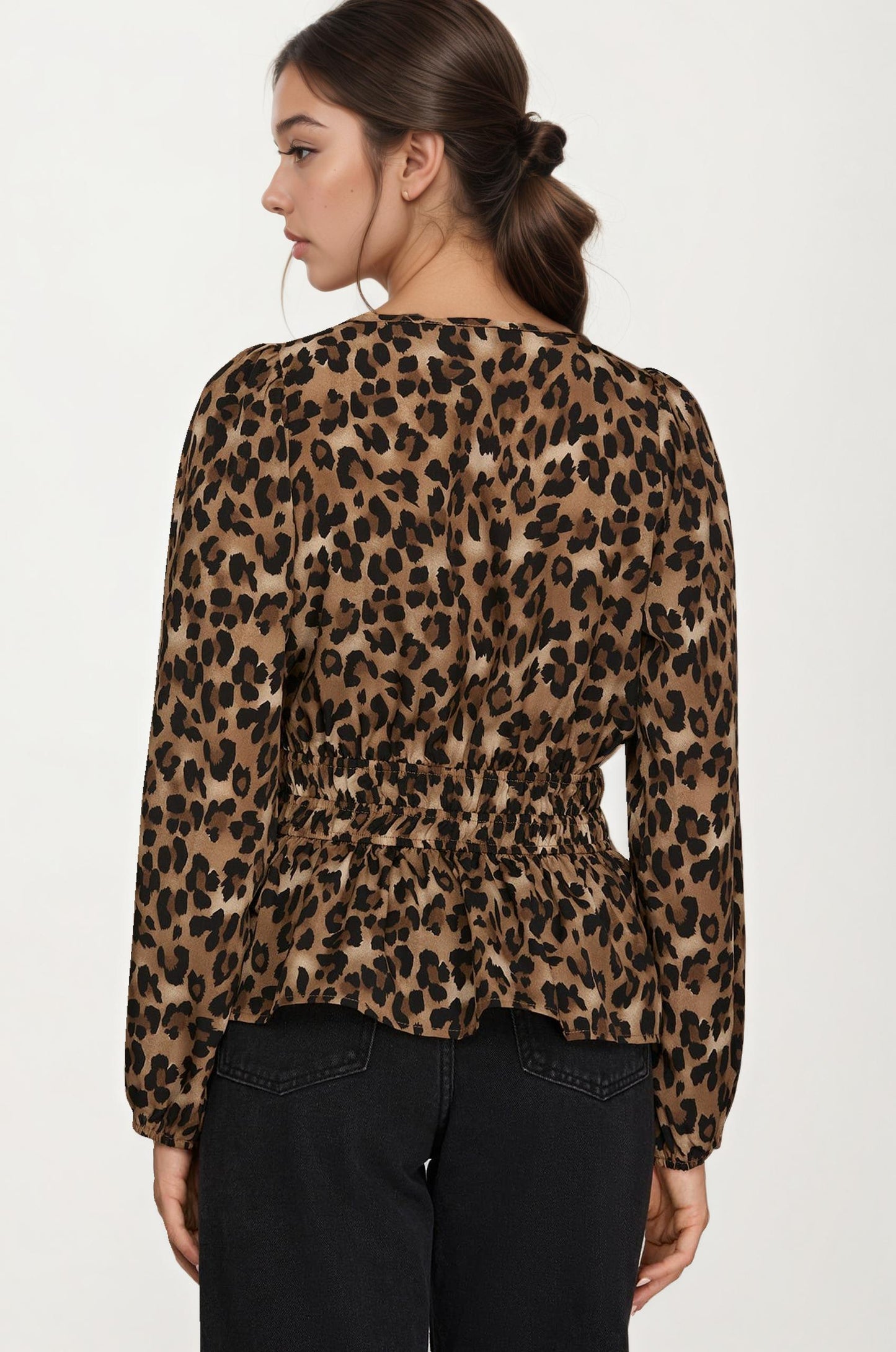 Leopard Print Smocked Waist Long Sleeve Blouse
