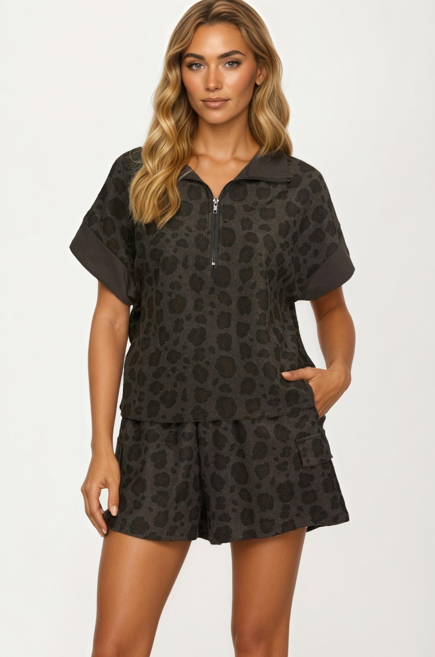 Leopard Print Short Sleeve Half Zip Collared Top