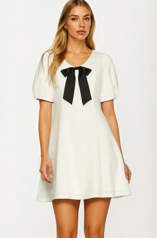 Mini Dress with Black Bow Detail
