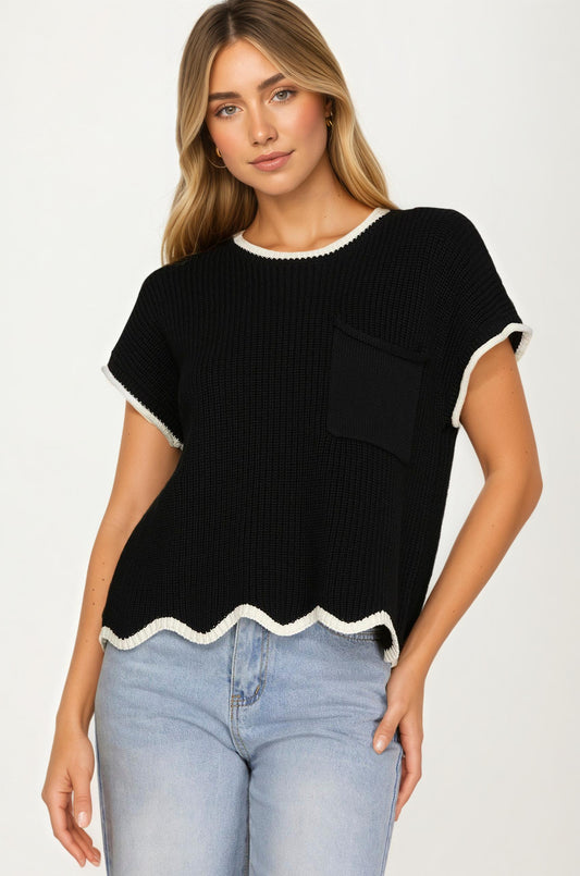 Short Sleeve Knit Top with Contrast Trim and Pocket