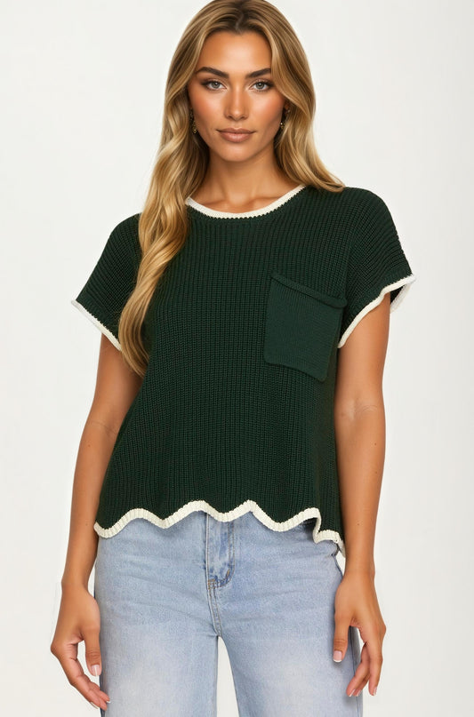 Short Sleeve Knit Top with Contrast Trim and Pocket