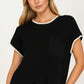 Short Sleeve Knit Top with Contrast Trim and Pocket