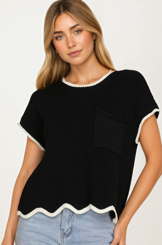 Short Sleeve Knit Top with Contrast Trim and Pocket