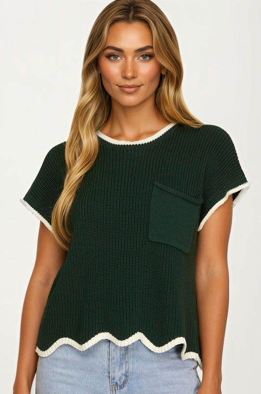 Short Sleeve Knit Top with Contrast Trim and Pocket