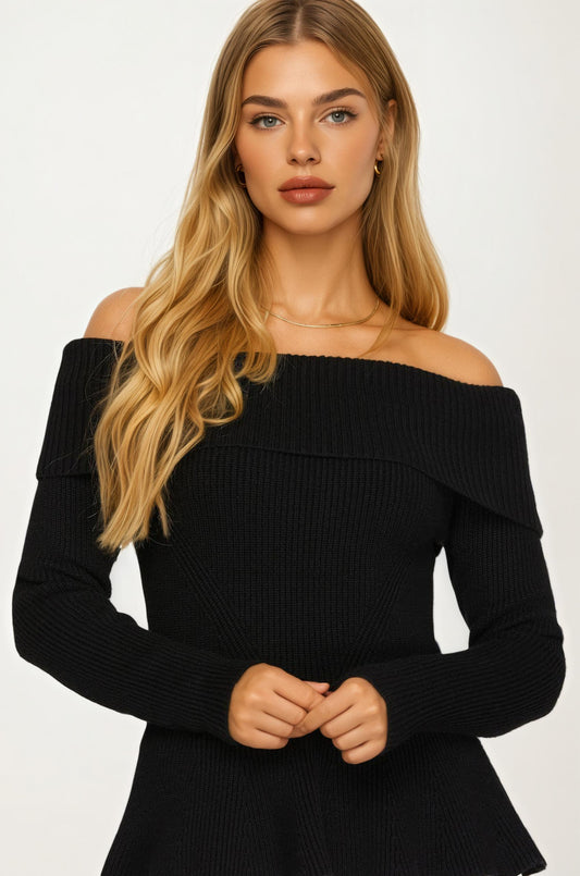 Off Shoulder Ribbed Knit Top with Long Sleeves