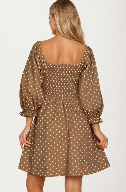 Polka Dot Puff Sleeve Mini Dress with Bow Detail