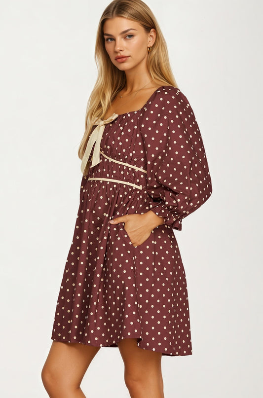 Polka Dot Puff Sleeve Mini Dress with Bow Detail