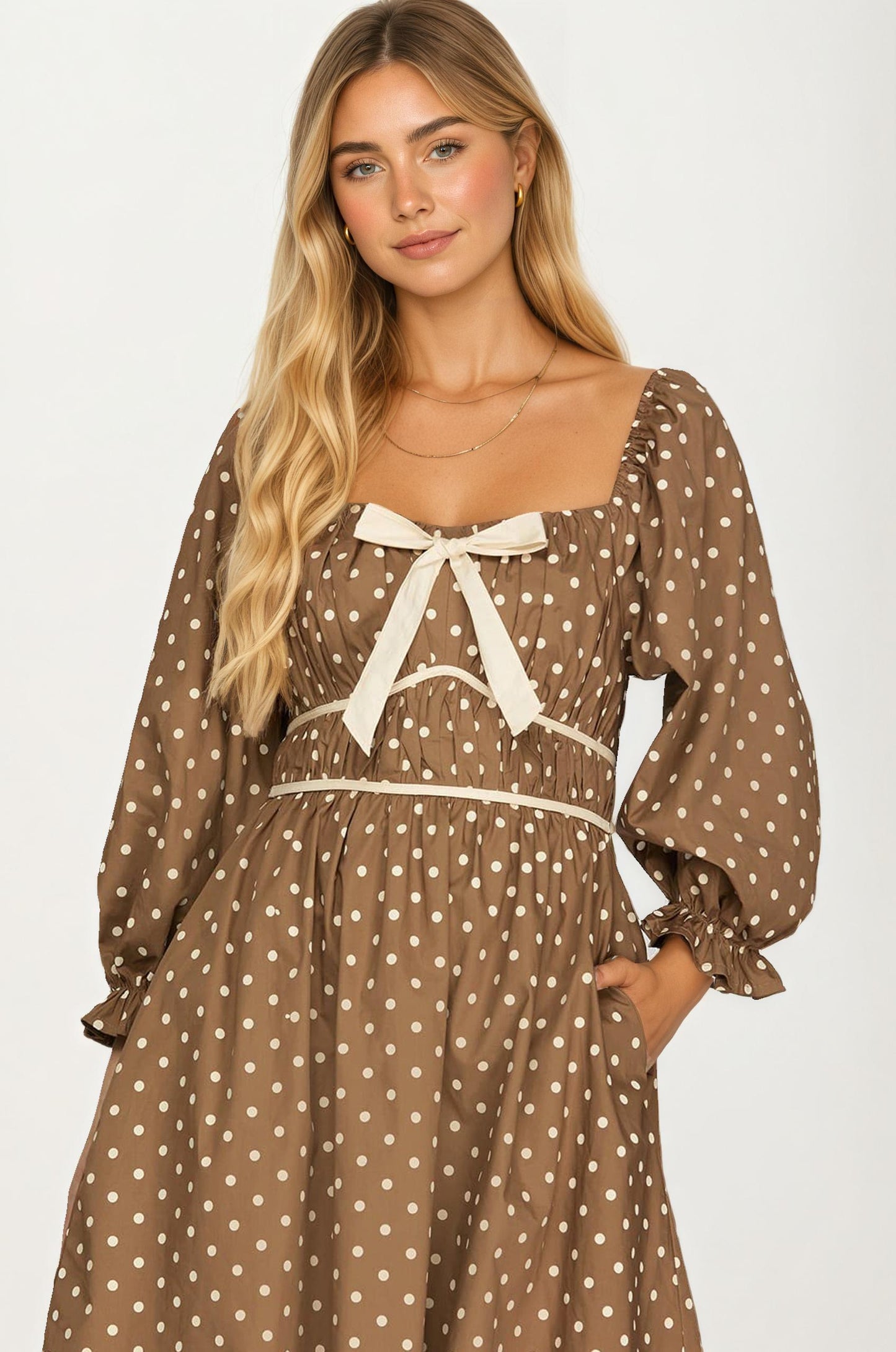 Polka Dot Puff Sleeve Mini Dress with Bow Detail