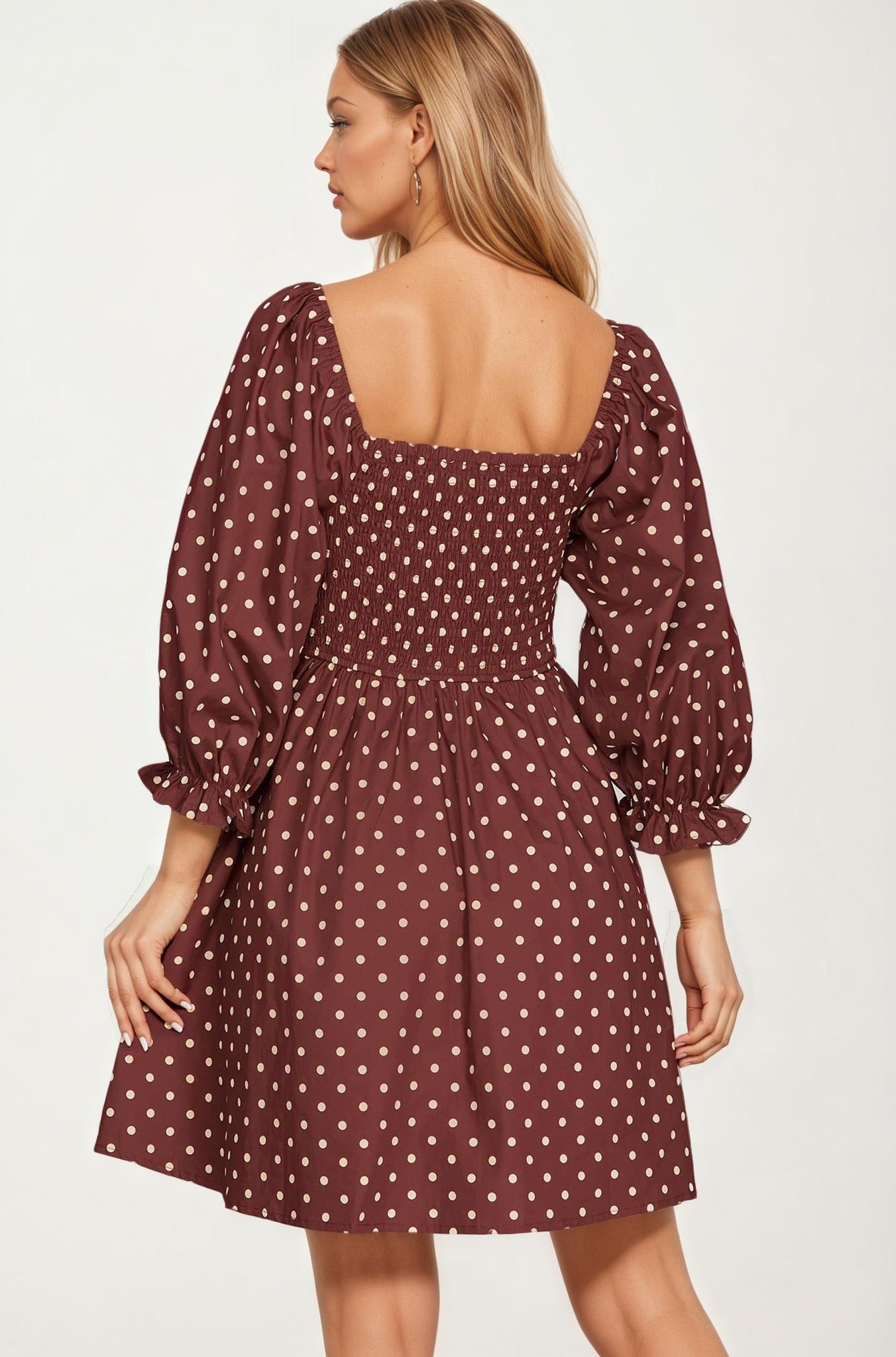 Polka Dot Puff Sleeve Mini Dress with Bow Detail