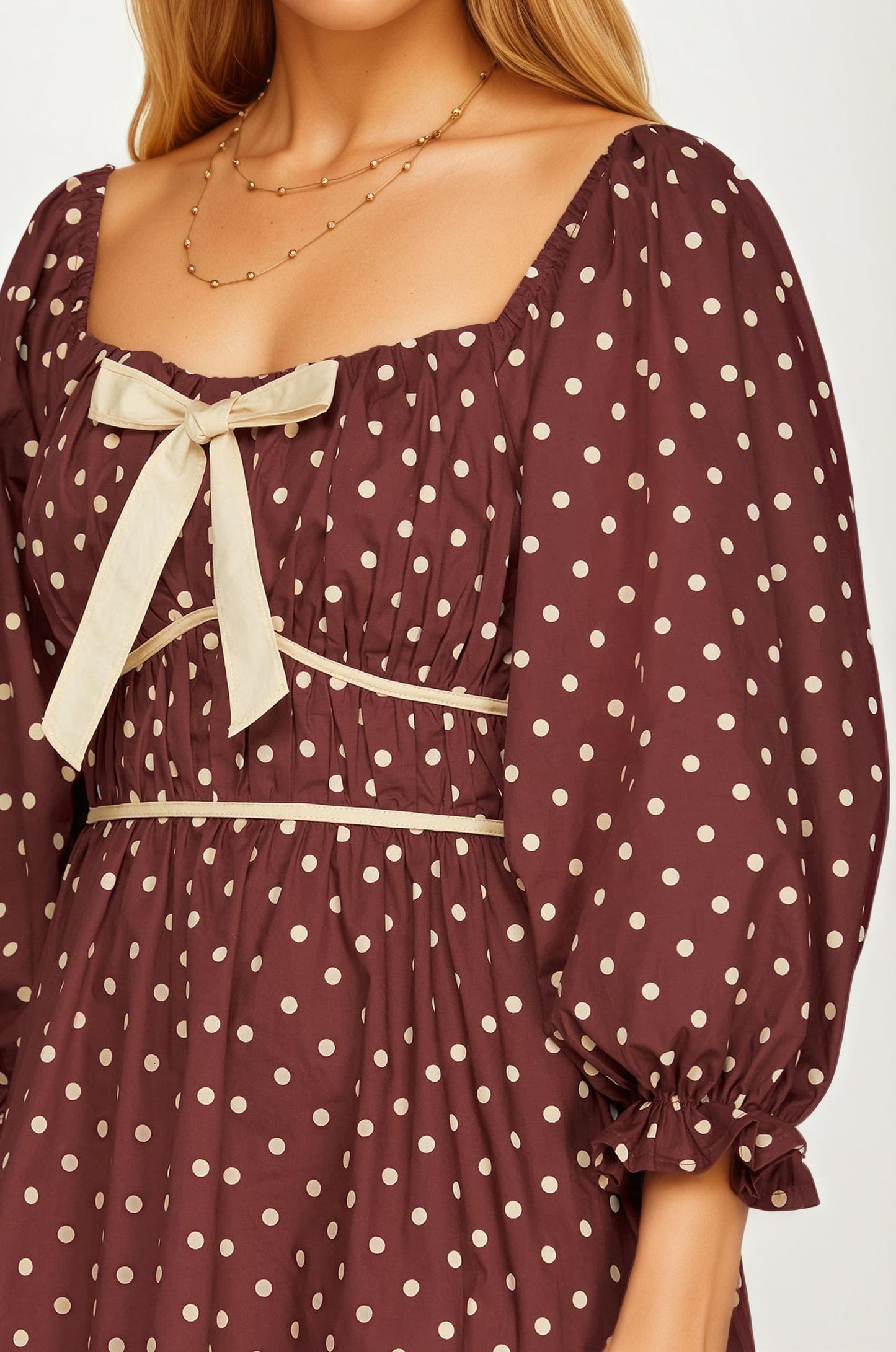 Polka Dot Puff Sleeve Mini Dress with Bow Detail