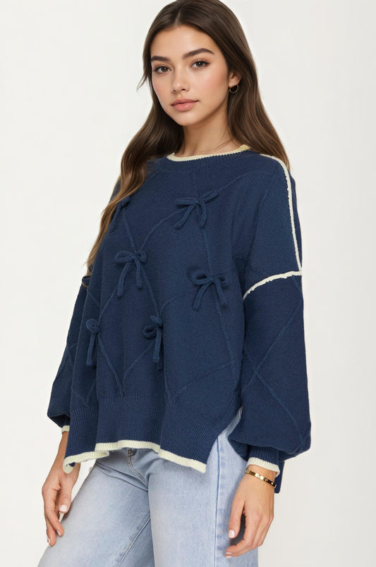 Bow Detail Knit Sweater with Contrast Trim