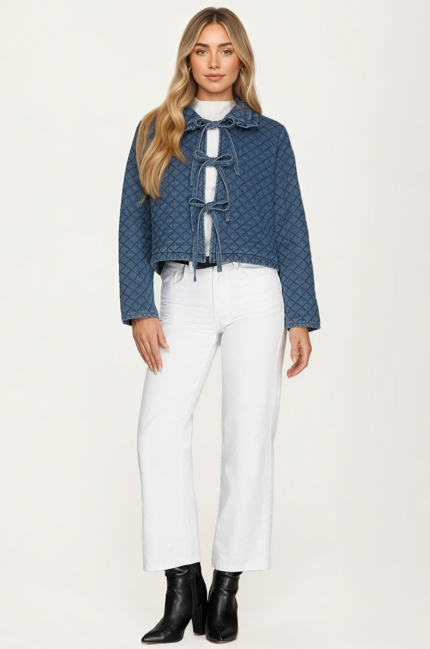 Quilted Denim Jacket with Bow Front Closures