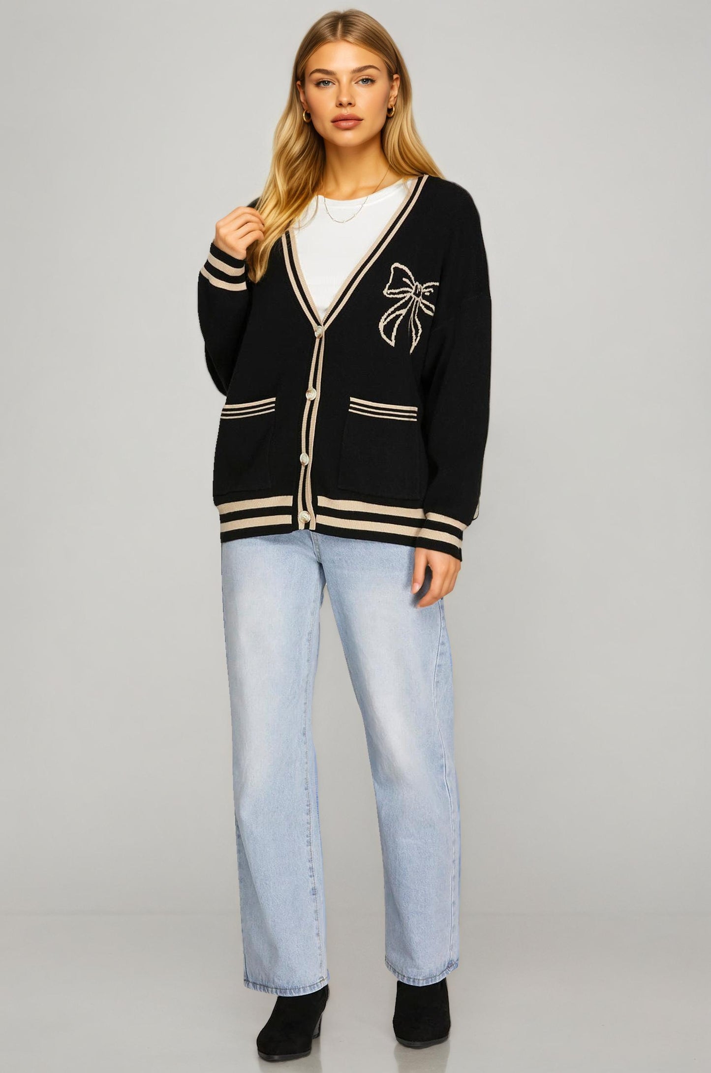 Bow Detail V-Neck Cardigan with Contrast Trim