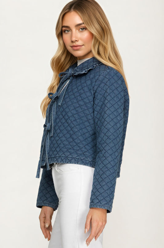 Quilted Denim Jacket with Bow Front Closures