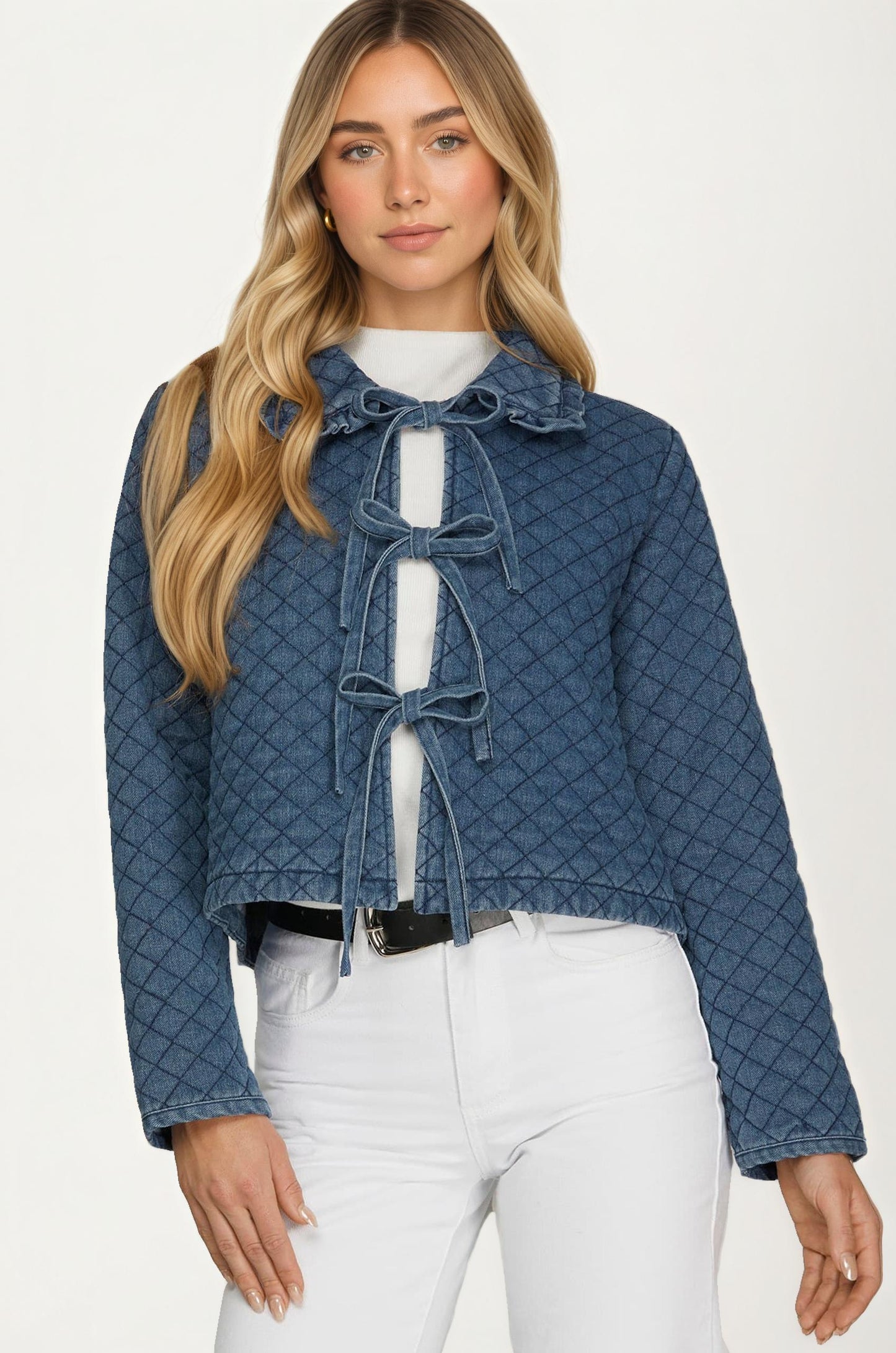Quilted Denim Jacket with Bow Front Closures