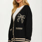 Bow Detail V-Neck Cardigan with Contrast Trim