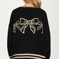 Bow Detail V-Neck Cardigan with Contrast Trim