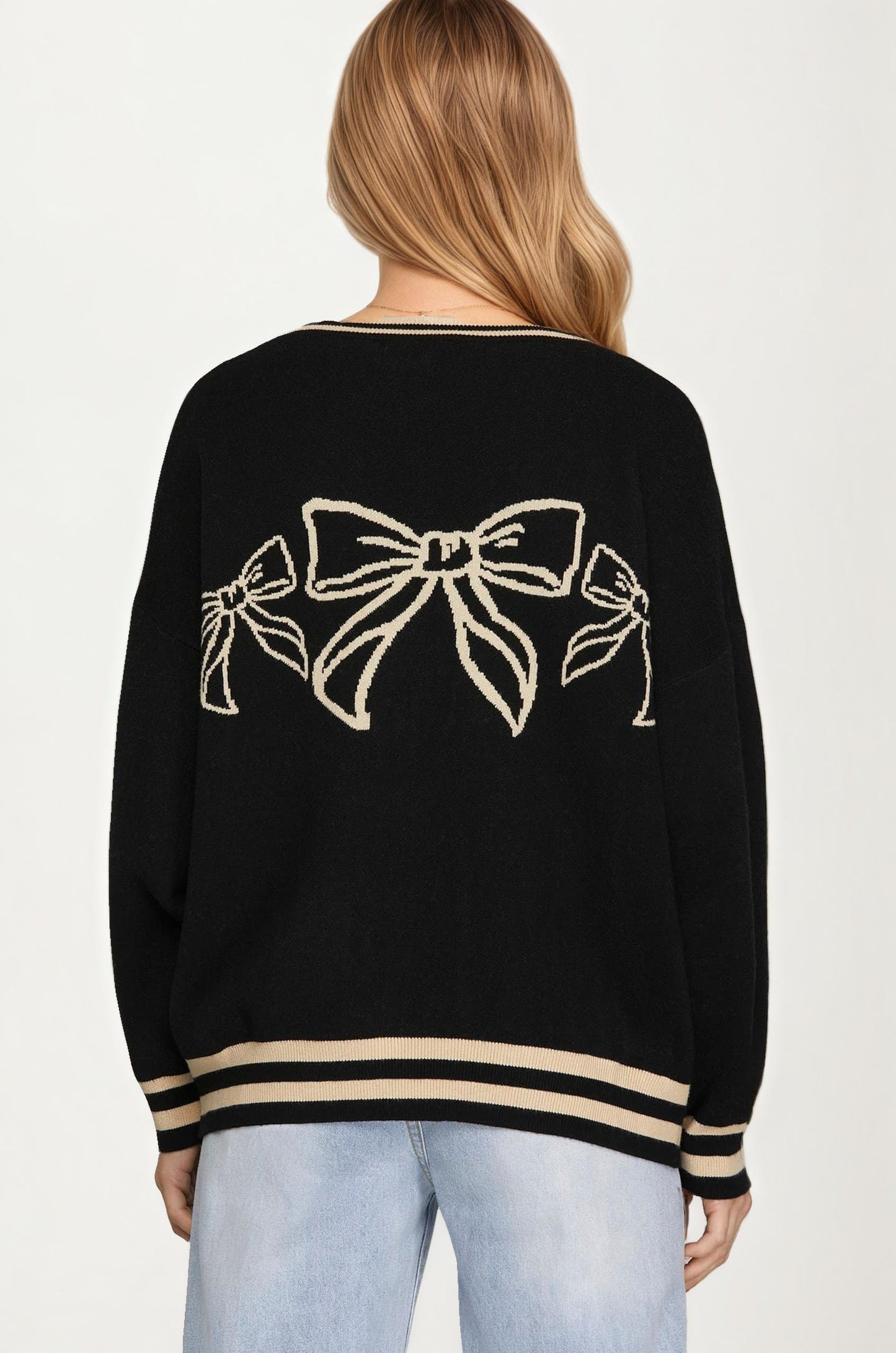 Bow Detail V-Neck Cardigan with Contrast Trim