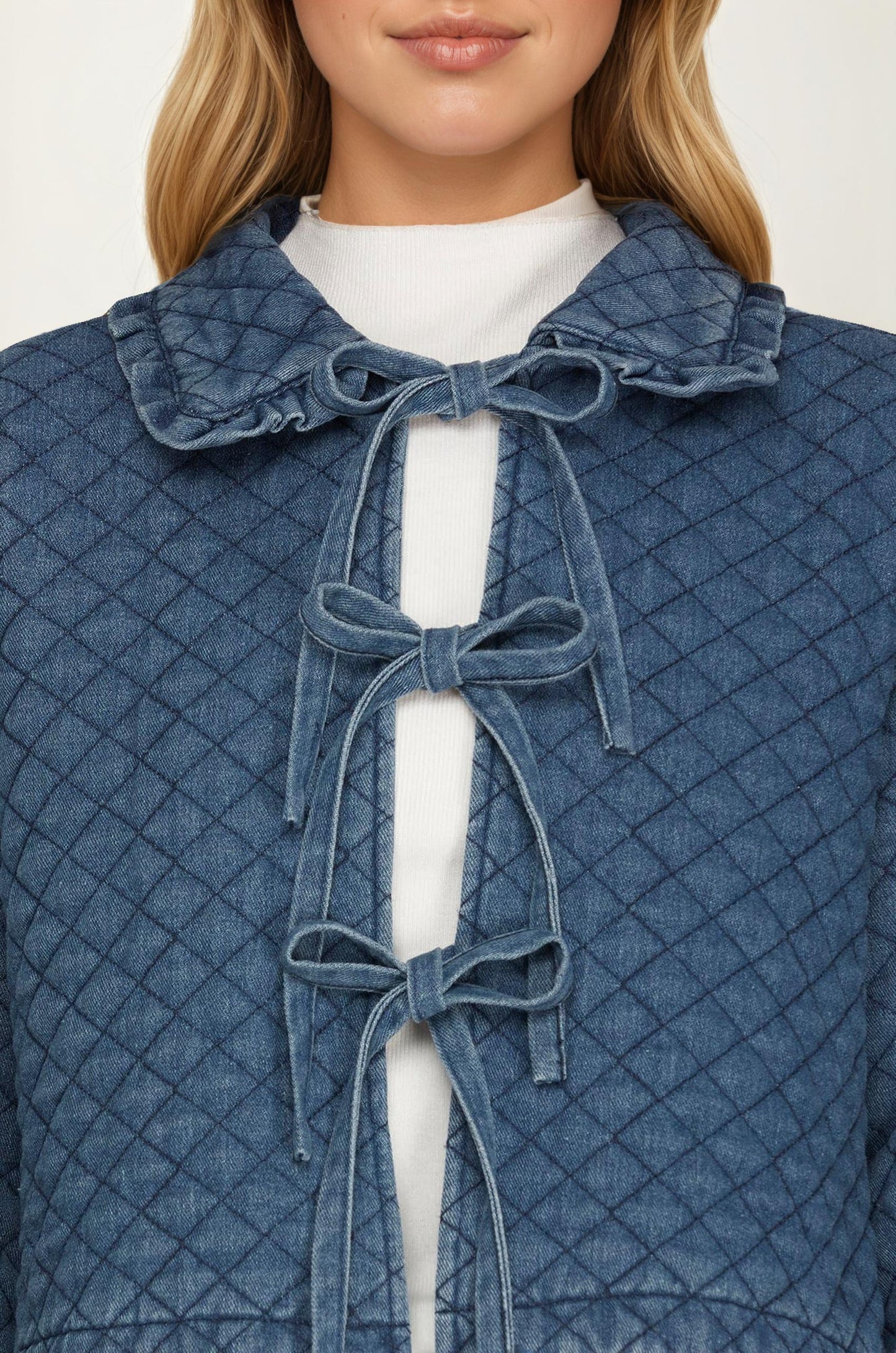 Quilted Denim Jacket with Bow Front Closures