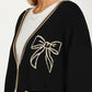 Bow Detail V-Neck Cardigan with Contrast Trim