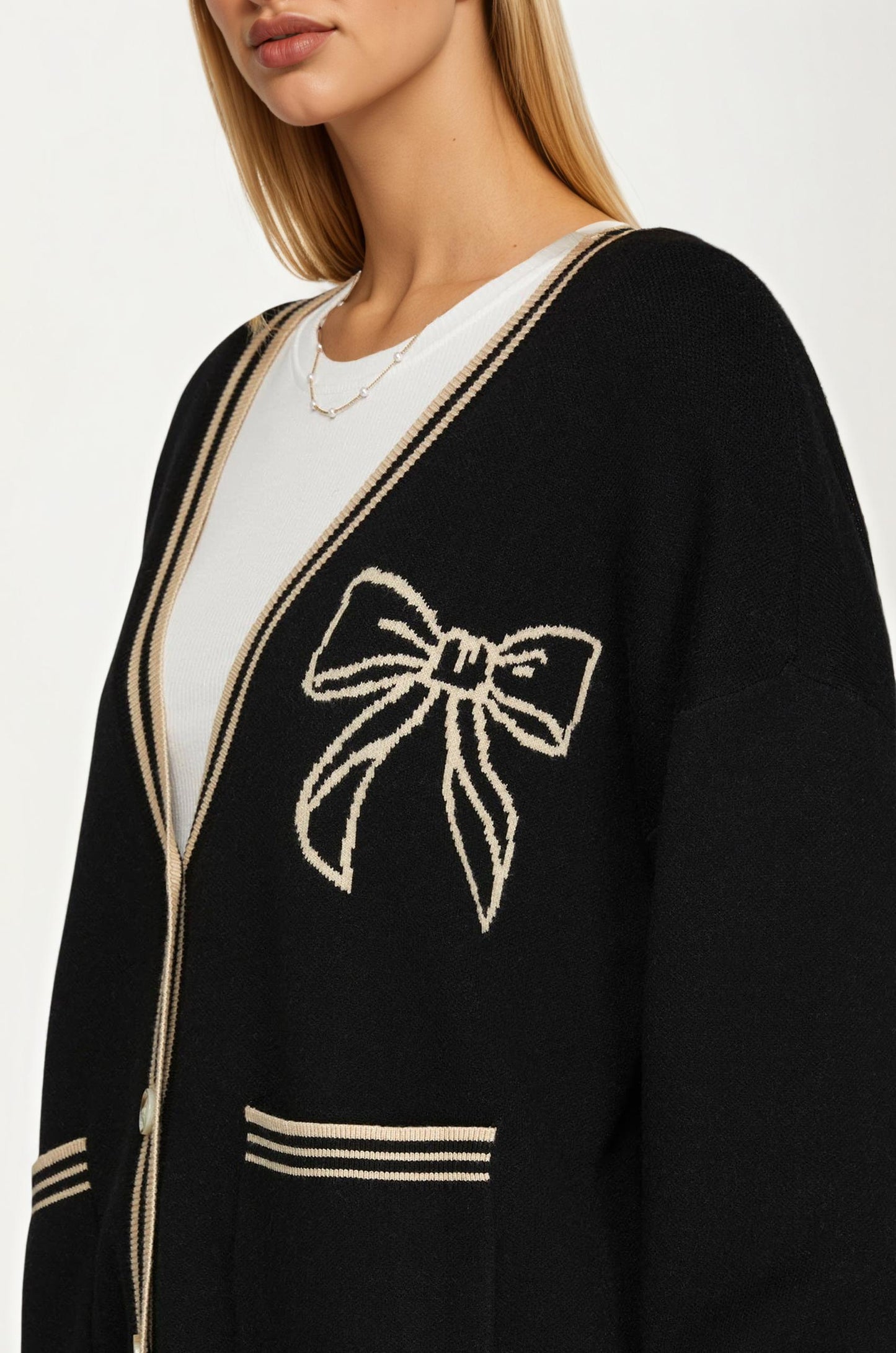 Bow Detail V-Neck Cardigan with Contrast Trim