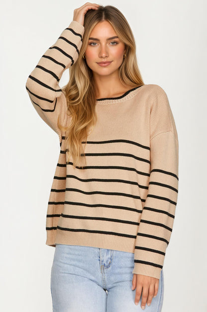 Striped Crewneck Knit Sweater with Long Sleeves