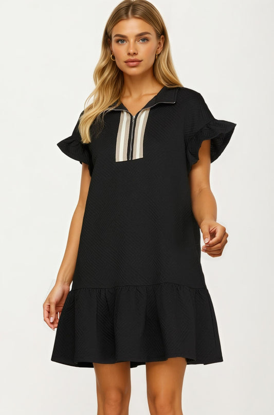 Textured Flutter Sleeve Mini Dress with Zip Detail
